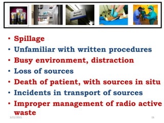 • Spillage
• Unfamiliar with written procedures
• Busy environment, distraction
• Loss of sources
• Death of patient, with...