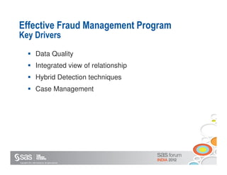 Effective Fraud Management Program
Key Drivers
                       Data Quality
                       Integrated view of relationship
                       Hybrid Detection techniques
                       Case Management




Copyright © 2011, SAS Institute Inc. All rights reserved.
 