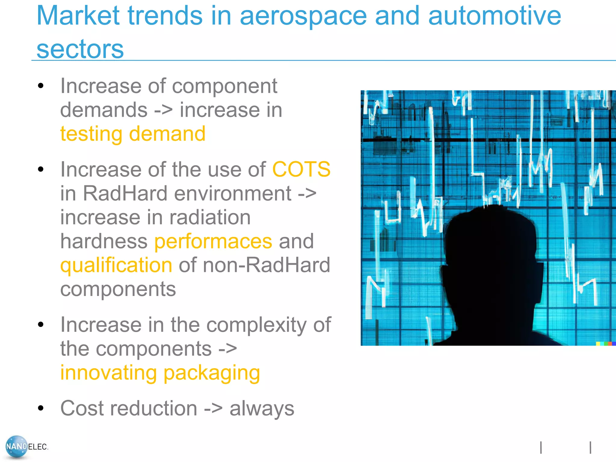 • Increase of component
demands -> increase in
testing demand
• Increase of the use of COTS
in RadHard environment ->
increase in radiation
hardness performaces and
qualification of non-RadHard
components
• Increase in the complexity of
the components ->
innovating packaging
• Cost reduction -> always
Market trends in aerospace and automotive
sectors
 