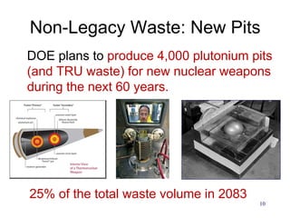 10
Non-Legacy Waste: New Pits
DOE plans to produce 4,000 plutonium pits
(and TRU waste) for new nuclear weapons
during the next 60 years.
25% of the total waste volume in 2083
 