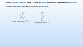 Again the presence of some groups like -OH,-COOH,-NH2 ,etc. intensify the colour. Such groups are known as auxochromes.
eg.Nirobenzene is pale yellow where as para-nitrophenol is deeply yellow.
 