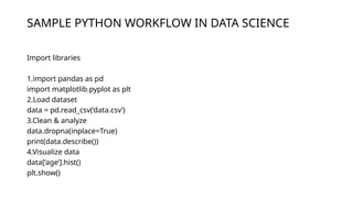 SAMPLE PYTHON WORKFLOW IN DATA SCIENCE
Import libraries
1.import pandas as pd
import matplotlib.pyplot as plt
2.Load dataset
data = pd.read_csv(‘data.csv’)
3.Clean & analyze
data.dropna(inplace=True)
print(data.describe())
4.Visualize data
data[‘age’].hist()
plt.show()
 