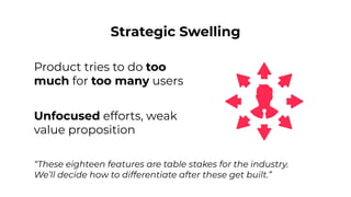 Strategic Swelling
Product tries to do too
much for too many users
Unfocused efforts, weak
value proposition
“These eighteen features are table stakes for the industry.
We’ll decide how to differentiate after these get built.”
 