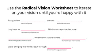Use the Radical Vision Worksheet to iterate
on your vision until you’re happy with it
Today, when
identiﬁed group
want to
desirable outcome
,
they have to
current activity/solution(s)
. This is unacceptable, because
shortcomings of current solution
. We envision a world where
shortcomings are resolved
.
We’re bringing this world about through
broad technology/approach
.
 