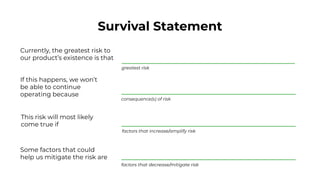 Survival Statement
Currently, the greatest risk to
our product’s existence is that
greatest risk
If this happens, we won’t
be able to continue
operating because
consequence(s) of risk
This risk will most likely
come true if
factors that increase/amplify risk
Some factors that could
help us mitigate the risk are
factors that decrease/mitigate risk
 