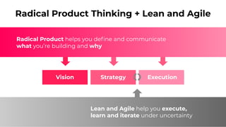 Lean and Agile help you execute,
learn and iterate under uncertainty
Radical Product Thinking + Lean and Agile
Vision Strategy Execution
Radical Product helps you deﬁne and communicate
what you’re building and why
 