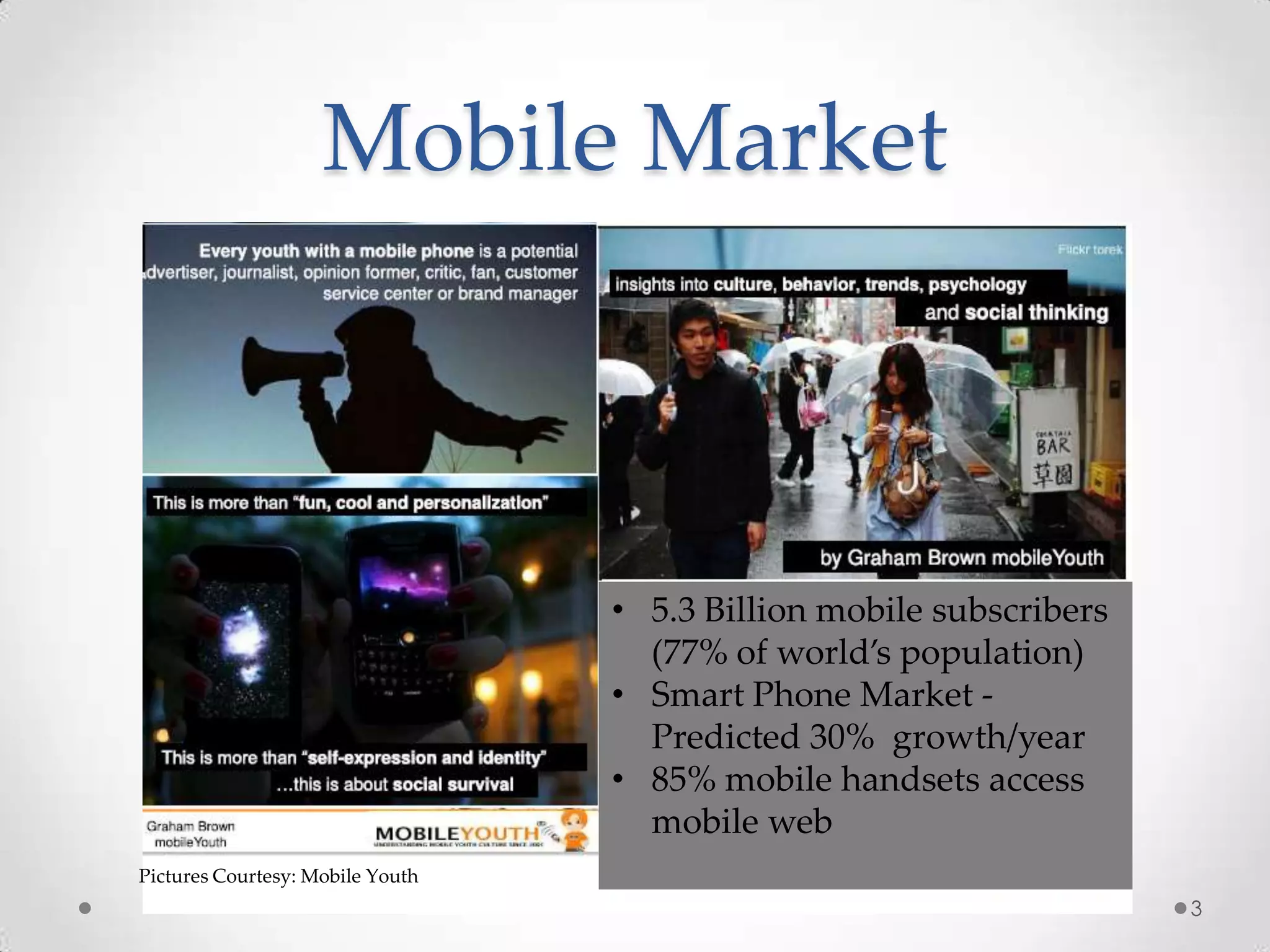 Mobile Market



                                  • 5.3 Billion mobile subscribers
                                    (77% of world’s population)
                                  • Smart Phone Market -
                                    Predicted 30% growth/year
                                  • 85% mobile handsets access
                                    mobile web
Pictures Courtesy: Mobile Youth
                                                                     3
 