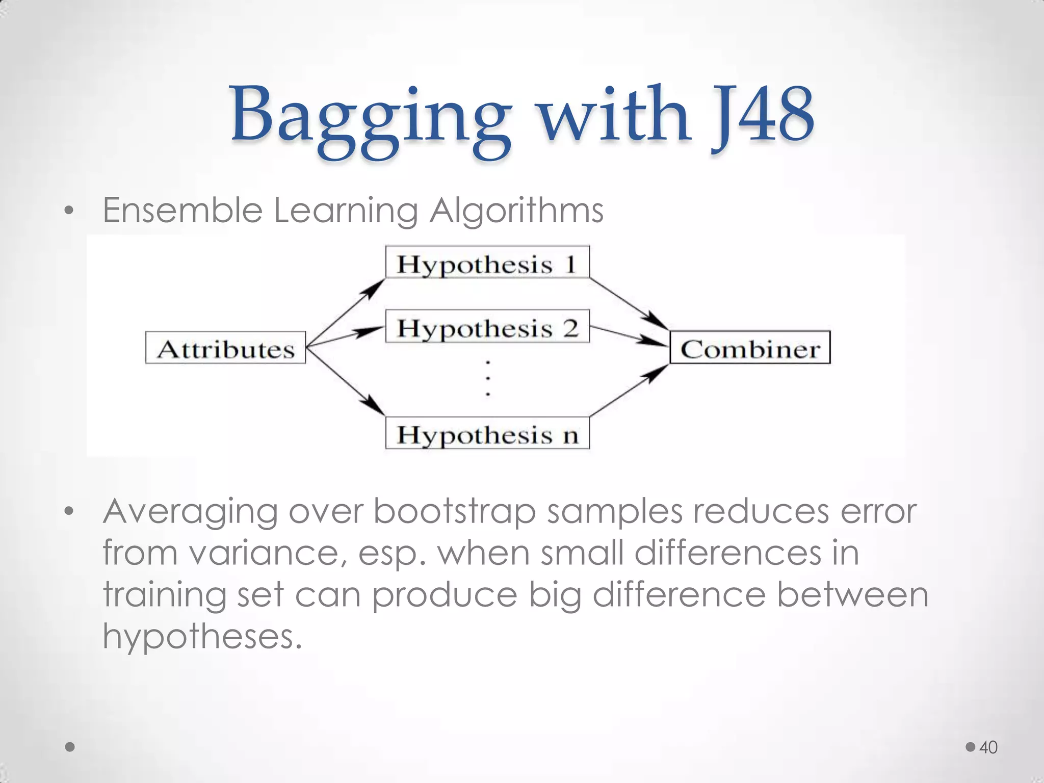 Bagging with J48
• Ensemble Learning Algorithms




• Averaging over bootstrap samples reduces error
  from variance, esp. when small differences in
  training set can produce big difference between
  hypotheses.


                                                    40
 