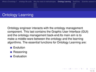 What is O/ontology ? ontology life-cycle Why the need of methodologies Ontology Learning Text2Onto Scientiﬁc research n
Ontology Learning
Ontology engineer interacts with the ontology management
component. This last contains the Graphic User Interface (GUI)
and the ontology management back-end.Its main aim is to
make a middle-ware between the ontology and the learning
algorithms. The essential functions for Ontology Learning are:
Evolution
Reasoning
Evaluation
19 / 35
 