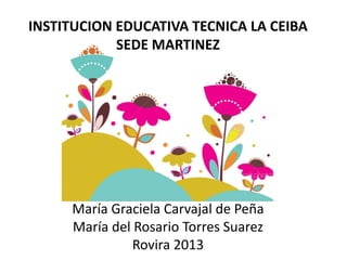 INSTITUCION EDUCATIVA TECNICA LA CEIBA
SEDE MARTINEZ

María Graciela Carvajal de Peña
María del Rosario Torres Suarez
Rovira 2013

 