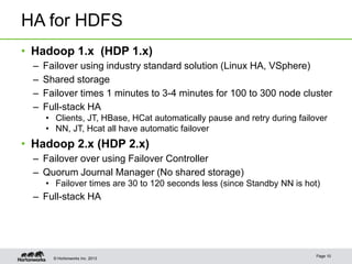 © Hortonworks Inc. 2013
HA for HDFS
• Hadoop 1.x (HDP 1.x)
– Failover using industry standard solution (Linux HA, VSphere)
– Shared storage
– Failover times 1 minutes to 3-4 minutes for 100 to 300 node cluster
– Full-stack HA
• Clients, JT, HBase, HCat automatically pause and retry during failover
• NN, JT, Hcat all have automatic failover
• Hadoop 2.x (HDP 2.x)
– Failover over using Failover Controller
– Quorum Journal Manager (No shared storage)
• Failover times are 30 to 120 seconds less (since Standby NN is hot)
– Full-stack HA
Page 10
 
