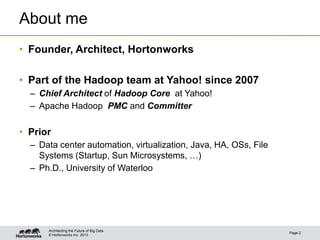 © Hortonworks Inc. 2013
About me
• Founder, Architect, Hortonworks
• Part of the Hadoop team at Yahoo! since 2007
– Chief Architect of Hadoop Core at Yahoo!
– Apache Hadoop PMC and Committer
• Prior
– Data center automation, virtualization, Java, HA, OSs, File
Systems (Startup, Sun Microsystems, …)
– Ph.D., University of Waterloo
Page 2
Architecting the Future of Big Data
 