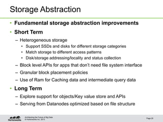 © Hortonworks Inc. 2013
Storage Abstraction
• Fundamental storage abstraction improvements
• Short Term
– Heterogeneous storage
• Support SSDs and disks for different storage categories
• Match storage to different access patterns
• Disk/storage addressing/locality and status collection
– Block level APIs for apps that don’t need file system interface
– Granular block placement policies
– Use of Ram for Caching data and intermediate query data
• Long Term
– Explore support for objects/Key value store and APIs
– Serving from Datanodes optimized based on file structure
Page 20
Architecting the Future of Big Data
 