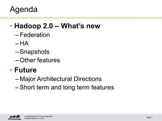 © Hortonworks Inc. 2013
Agenda
• Hadoop 2.0 – What’s new
– Federation
– HA
– Snapshots
– Other features
• Future
– Major Architectural Directions
– Short term and long term features
Page 3
Architecting the Future of Big Data
 