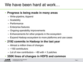 © Hortonworks Inc. 2013
We have been hard at work…
• Progress is being made in many areas
– Write-pipeline, Append
– Scalability
– Performance
– Enterprise features
– Ongoing operability improvements
– Enhancements for other projects in the ecosystem
– Expand Hadoop ecosystem to more platforms and use cases
• 2192 commits in Hadoop in the last year
– Almost a million lines of changes
– ~150 contributors
– Lot of new contributors - ~80 with < 3 patches
• 350K lines of changes in HDFS and common
Page 4
Architecting the Future of Big Data
 