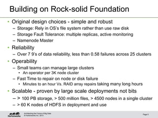 © Hortonworks Inc. 2013
Building on Rock-solid Foundation
• Original design choices - simple and robust
– Storage: Rely in OS’s file system rather than use raw disk
– Storage Fault Tolerance: multiple replicas, active monitoring
– Namenode Master
• Reliability
– Over 7 9’s of data reliability, less than 0.58 failures across 25 clusters
• Operability
– Small teams can manage large clusters
• An operator per 3K node cluster
– Fast Time to repair on node or disk failure
• Minutes to an hour Vs. RAID array repairs taking many long hours
• Scalable - proven by large scale deployments not bits
– > 100 PB storage, > 500 million files, > 4500 nodes in a single cluster
– > 60 K nodes of HDFS in deployment and use
Page 5
Architecting the Future of Big Data
 