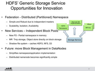 6
HDFS’ Generic Storage Service
Opportunities for Innovation
• Federation - Distributed (Partitioned) Namespace
– Simple and Robust due to independent masters
– Scalability, Isolation, Availability
• New Services – Independent Block Pools
– New FS - Partial namespace in memory
– MR Tmp storage, Object store directly on block storage
– Shadow file system – caches HDFS, NFS, S3
• Future: move Block Management in DataNodes
– Simplifies namespace/application implementation
– Distributed namenode becomes significantly simple
Storage Service
HDFS
Namespace
Alternate NN
Implementation
HBase
MR tmp
 