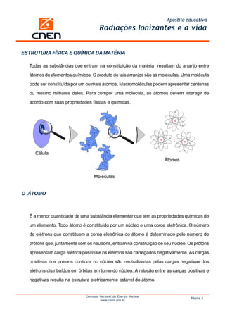Apostila educativa
                                       Radiações Ionizantes e a vida


ESTRUTURA FÍSICA E QUÍMICA DA MATÉRIA

  Todas as substâncias que entram na constituição da matéria resultam do arranjo entre

  átomos de elementos químicos. O produto de tais arranjos são as moléculas. Uma molécula

  pode ser constituída por um ou mais átomos. Macromoléculas podem apresentar centenas

  ou mesmo milhares deles. Para compor uma molécula, os átomos devem interagir de

  acordo com suas propriedades físicas e químicas.




     Célula
                                                                     Átomos


                                   Moléculas


O ÁTOMO



  É a menor quantidade de uma substância elementar que tem as propriedades químicas de

  um elemento. Todo átomo é constituído por um núcleo e uma coroa eletrônica. O número

  de elétrons que constituem a coroa eletrônica do átomo é determinado pelo número de

  prótons que, juntamente com os neutrons, entram na constituição de seu núcleo. Os prótons

  apresentam carga elétrica positiva e os elétrons são carregados negativamente. As cargas

  positivas dos prótons contidos no núcleo são neutralizadas pelas cargas negativas dos

  elétrons distribuídos em órbitas em torno do núcleo. A relação entre as cargas positivas e

  negativas resulta na estrutura eletricamente estável do átomo.


                              Comissão Nacional de Energia Nuclear
                                                                                  Página 4
                                       www.cnen.gov.br
 