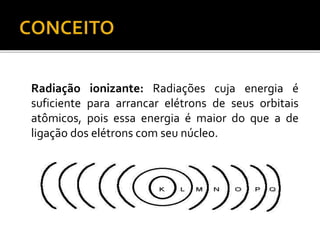 Radiação ionizante: Radiações cuja energia é
suficiente para arrancar elétrons de seus orbitais
atômicos, pois essa energia é maior do que a de
ligação dos elétrons com seu núcleo.
 
