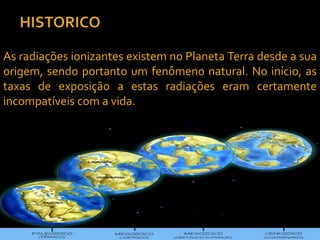 .
As radiações ionizantes existem no Planeta Terra desde a sua
origem, sendo portanto um fenômeno natural. No início, as
taxas de exposição a estas radiações eram certamente
incompatíveis com a vida.
 