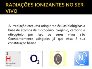 A irradiação costuma atingir moléculas biológicas a
base de átomos de hidrogênio, oxigênio, carbono e
nitrogênio por isso os seres vivos são
Constantemente atingidos já que essa é sua
constituição básica.
 