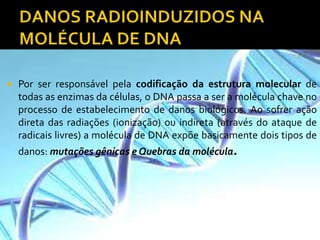  Por ser responsável pela codificação da estrutura molecular de
todas as enzimas da células, o DNA passa a ser a molécula chave no
processo de estabelecimento de danos biológicos. Ao sofrer ação
direta das radiações (ionização) ou indireta (através do ataque de
radicais livres) a molécula de DNA expõe basicamente dois tipos de
danos: mutações gênicas e Quebras da molécula.
 