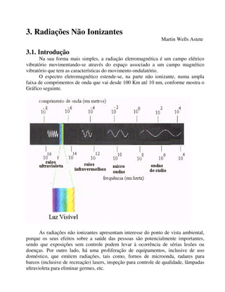 3. Radiações Não Ionizantes
Martin Wells Astete
3.1. Introdução
Na sua forma mais simples, a radiação eletromagnética é um campo elétrico
vibratório movimentando-se através do espaço associado a um campo magnético
vibratório que tem as características do movimento ondulatório.
O espectro eletromagnético estende-se, na parte não ionizante, numa ampla
faixa de comprimentos de onda que vai desde 100 Km até 10 nm, conforme mostra o
Gráfico seguinte.
As radiações não ionizantes apresentam interesse do ponto de vista ambiental,
porque os seus efeitos sobre a saúde das pessoas são potencialmente importantes,
sendo que exposições sem controle podem levar à ocorrência de sérias lesões ou
doenças. Por outro lado, há uma proliferação de equipamentos, inclusive de uso
doméstico, que emitem radiações, tais como, fornos de microonda, radares para
barcos (inclusive de recreação) lasers, inspeção para controle de qualidade, lâmpadas
ultravioleta para eliminar germes, etc.
 