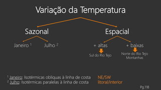 Variação da Temperatura
Sazonal Espacial
Janeiro 1 Julho 2 + altas + baixas
Sul do Rio Tejo Norte do Rio Tejo
Montanhas
1 Janeiro: Isotérmicas obliquas à linha de costa NE/SW
2 Julho: Isotérmicas paralelas à linha de costa litoral/interior
Pg.118
 