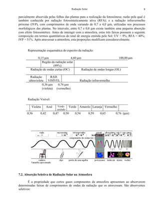 Radiação Solar                                       8

parcialmente absorvida pelas folhas das plantas para a realização da fotossíntese, razão pela qual é
também conhecida por radiação fotossinteticamente ativa (RFA); e a radiação infravermelho
próximo (IVP), com comprimentos de onda variando de 0,7 a 4,0 µm, utilizadas nos processos
morfológicos das plantas. No intervalo, entre 0,7 e 0,8 µm existe também uma pequena absorção
com efeito fotossintético. Antes de interagir com a atmosfera, estas três faixas possuem a seguinte
composição em termos quantitativos do total de energia emitida pelo Sol: UV = 9%; RFA = 40%;
IVP = 51%. Após atravessar a atmosfera, esta proporções modificam consideravelmente.


       Representação esquemática do espectro da radiação:

              0,15 µm                  4,60 µm                             100,00 µm
                 Região da radiação solar
                          (99%)
         Radiação de ondas curtas (OC)         Radiação de ondas longas (OL)

         Radiação         RAD.
        ultravioleta VISÍVEL                        Radiação infravermelha
                   0,36 µm     0,76 µm
                   (violeta) (vermelho)


       Radiação Visível:

          Violeta       Azul     Verde-    Verde Amarelo Laranja Vermelho
                                 azulado
      0,36       0,42          0,47   0,50      0,54          0,59   0,65    0,76 (µm)




7.2. Absorção Seletiva de Radiação Solar na Atmosfera

        É a propriedade que certos gases componentes da atmosfera apresentam ao absorverem
determinadas faixas de comprimentos de ondas da radiação que os atravessam. São absorventes
seletivos:
 