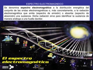 ESPECTRO ELECTROMAGNEICO Se denomina  espectro electromagnético  a la distribución energética del conjunto de las ondas electromagnéticas o, más concretamente, a la radiación electromagnética que emite (espectro de emisión) o absorbe (espectro de absorción) una sustancia. Dicha radiación sirve para identificar la sustancia de manera análoga a una huella dactilar. 