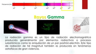Rayos Gamma 
La radiación gamma es un tipo de radiación electromagnética 
producida generalmente por elementos radiactivos o procesos 
subatómicos como la aniquilación de un par positrón-electrón. Este tipo 
de radiación de tal magnitud también es producida en fenómenos 
astrofísicos de gran violencia. 
 