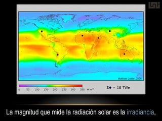 La magnitud que mide la radiación solar es la irradiancia,
 
