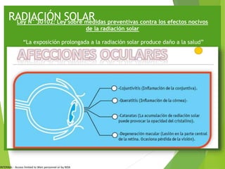 INTERNAL - Access limited to Weir personnel or by NDA
RADIACIÓN SOLAR
Ley N° 30102: Ley sobre medidas preventivas contra los efectos nocivos
de la radiación solar
“La exposición prolongada a la radiación solar produce daño a la salud”
 