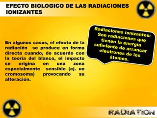 EFECTO BIOLOGICO DE LAS RADIACIONES
IONIZANTES
En algunos casos, el efecto de la
radiación se produce en forma
directa cuando, de acuerdo con
la teoría del blanco, el impacto
se origina en una zona
especialmente sensible (ej. un
cromosoma) provocando su
alteración.
 