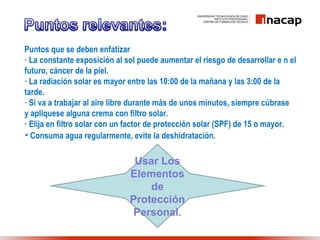 Puntos que se deben enfatizar
· La constante exposición al sol puede aumentar el riesgo de desarrollar e n el
futuro, cáncer de la piel.
· La radiación solar es mayor entre las 10:00 de la mañana y las 3:00 de la
tarde.
· Si va a trabajar al aire libre durante más de unos minutos, siempre cúbrase
y aplíquese alguna crema con filtro solar.
· Elija en filtro solar con un factor de protección solar (SPF) de 15 o mayor.
• Consuma agua regularmente, evite la deshidratación.
Usar Los
Elementos
de
Protección
Personal.
 