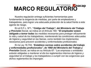 MARCO REGULATORIO
Nuestra regulación entrega suficientes herramientas para
fundamentar la exigencia de medidas, por parte de empleadores y
trabajadores, para lograr una adecuada protección de la salud frente a este
agente de riesgo.
En el D.F.L. Nº1, “Código del Trabajo”, del Ministerio del Trabajo
y Previsión Social, se indica en el Artículo 184: “El empleador estará
obligado a tomar todas las medidas necesarias para proteger eficazmente
la vida y salud de los trabajadores, manteniendo las condiciones adecuadas
de higiene y seguridad en las faenas, como también los implementos
necesarios para prevenir accidentes y enfermedades profesionales.
En la Ley 16.744, “Establece normas sobre accidentes del trabajo
y enfermedades profesionales”, de 1968 del Ministerio del Trabajo y
Previsión Social, se indica en su Artículo 67: “Las empresas o entidades
estarán obligadas a mantener al día los reglamentos internos de higiene y
seguridad en el trabajo y los trabajadores a cumplir con las exigencias que
dichos reglamentos les impongan.
 