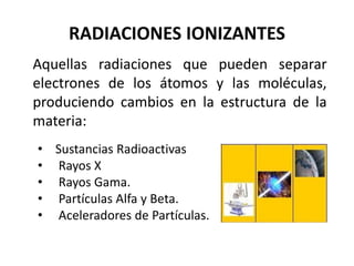 Aquellas radiaciones que pueden separar
electrones de los átomos y las moléculas,
produciendo cambios en la estructura de la
materia:
RADIACIONES IONIZANTES
• Sustancias Radioactivas
• Rayos X
• Rayos Gama.
• Partículas Alfa y Beta.
• Aceleradores de Partículas.
 