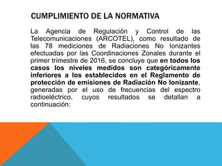 CUMPLIMIENTO DE LA NORMATIVA
La Agencia de Regulación y Control de las
Telecomunicaciones (ARCOTEL), como resultado de
las 78 mediciones de Radiaciones No Ionizantes
efectuadas por las Coordinaciones Zonales durante el
primer trimestre de 2016, se concluye que en todos los
casos los niveles medidos son categóricamente
inferiores a los establecidos en el Reglamento de
protección de emisiones de Radiación No Ionizante,
generadas por el uso de frecuencias del espectro
radioeléctrico, cuyos resultados se detallan a
continuación:
 