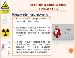 TIPOS DE RADIACIONES
IONIZANTES
RADIACIÓN






NEUTRÓNICA

Es la emisión de partículas sin
carga, de alta energía.
No existen fuentes naturales de
producción de neutrones, es
generada durante la reacción
nuclear.
Tienen mayor capacidad de
penetración que los rayos
gamma
y
sólo
pueden
detenerlos una gruesa barrera
de hormigón, agua o parafina.

 
