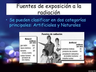Fuentes de exposición a la
radiación
• Se pueden clasificar en dos categorías
principales: Artificiales y Naturales
 