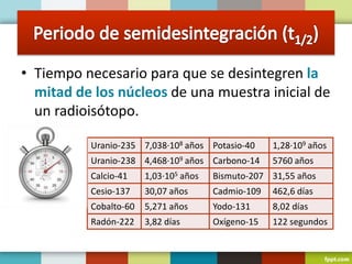 • Tiempo necesario para que se desintegren la
mitad de los núcleos de una muestra inicial de
un radioisótopo.
Uranio-235 7,038·108 años Potasio-40 1,28·109 años
Uranio-238 4,468·109 años Carbono-14 5760 años
Calcio-41 1,03·105 años Bismuto-207 31,55 años
Cesio-137 30,07 años Cadmio-109 462,6 días
Cobalto-60 5,271 años Yodo-131 8,02 días
Radón-222 3,82 días Oxígeno-15 122 segundos
 