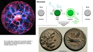 Se le suele decir radiaciones ionizantes debido a
que pueden ionizar gases, impresionar placas
radiográficas, producir fluorescencia, atravesar
cuerpos opacos y más.

 