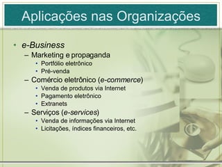 Aplicações nas Organizações e-Business Marketing e propaganda Portfólio eletrônico Pré-venda Comércio eletrônico ( e-commerce ) Venda de produtos via Internet Pagamento eletrônico Extranets Serviços ( e-services ) Venda de informações via Internet Licitações, índices financeiros, etc. 