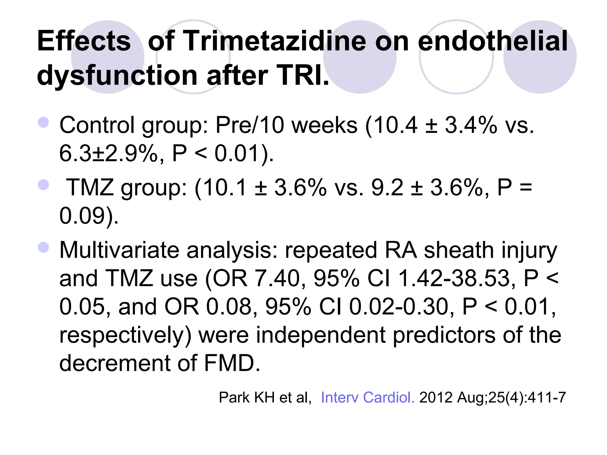 Effects of Trimetazidine on endothelial
dysfunction after TRI.
 Control

group: Pre/10 weeks (10.4 ± 3.4% vs.
6.3±2.9%, P < 0.01).
 TMZ group: (10.1 ± 3.6% vs. 9.2 ± 3.6%, P =
0.09).
 Multivariate analysis: repeated RA sheath injury
and TMZ use (OR 7.40, 95% CI 1.42-38.53, P <
0.05, and OR 0.08, 95% CI 0.02-0.30, P < 0.01,
respectively) were independent predictors of the
decrement of FMD.
Park KH et al, Interv Cardiol. 2012 Aug;25(4):411-7

 