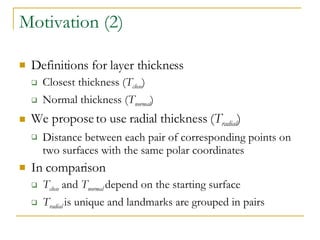 Motivation (2) Definitions for layer thickness Closest thickness ( T close ) Normal thickness ( T normal ) We propose to use radial thickness ( T radial ) Distance between each pair of corresponding points on two surfaces with the same polar coordinates In comparison  T close  and  T normal   depend on the starting surface T radial   is unique and landmarks are grouped in pairs 