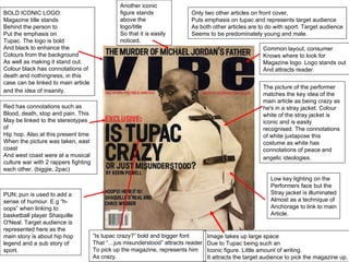 BOLD ICONIC LOGO: Magazine title stands  Behind the person to  Put the emphasis on Tupac. The logo is bold And black to enhance the Colours from the background As well as making it stand out. Colour black has connotations of death and nothingness, in this case can be linked to main article and the idea of insanity.   The picture of the performer matches the key idea of the main article as being crazy as he's in a stray jacket. Colour white of the stray jacket is iconic and is easily recognised. The connotations of white juxtapose this costume as white has connotations of peace and angelic ideologies.   PUN; pun is used to add a sense of humour. E.g “h-oops” when linking to basketball player Shaquille O'Neal. Target audience is represented here as the main story is about hip hop legend and a sub story of sport.  Red has connotations such as  Blood, death, stop and pain. This May be linked to the stereotypes of  Hip hop. Also at this present time When the picture was taken, east coast And west coast were at a musical culture war with 2 rappers fighting each other. (biggie, 2pac) Low key lighting on the Performers face but the Stray jacket is illuminated Almost as a technique of  Anchorage to link to main Article.  Image takes up large space Due to Tupac being such an  Iconic figure. Little amount of writing. It attracts the target audience to pick the magazine up. Common layout, consumer Knows where to look for Magazine logo. Logo stands out And attracts reader. “ Is tupac crazy?” bold and bigger font That “…jus misunderstood” attracts reader To pick up the magazine, represents him As crazy.  Another iconic figure stands above the logo/title So that it is easily noticed. Only two other articles on front cover, Puts emphasis on tupac and represents target audience As both other articles are to do with sport. Target audience Seems to be predominately young and male.  