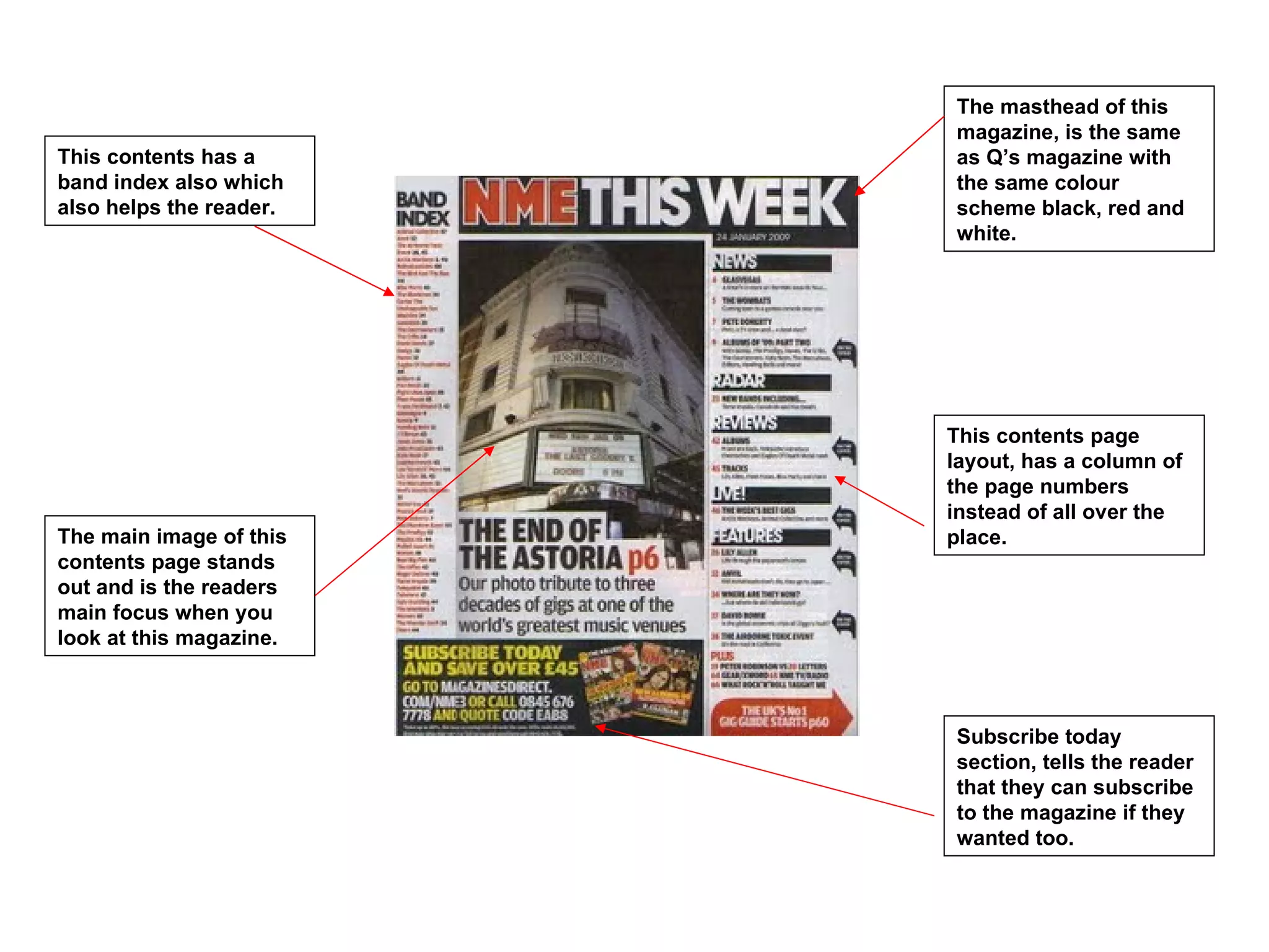 The masthead of this
                         magazine, is the same
This contents has a      as Q’s magazine with
band index also which    the same colour
also helps the reader.   scheme black, red and
                         white.




                         This contents page
                         layout, has a column of
                         the page numbers
                         instead of all over the
The main image of this   place.
contents page stands
out and is the readers
main focus when you
look at this magazine.



                         Subscribe today
                         section, tells the reader
                         that they can subscribe
                         to the magazine if they
                         wanted too.
 