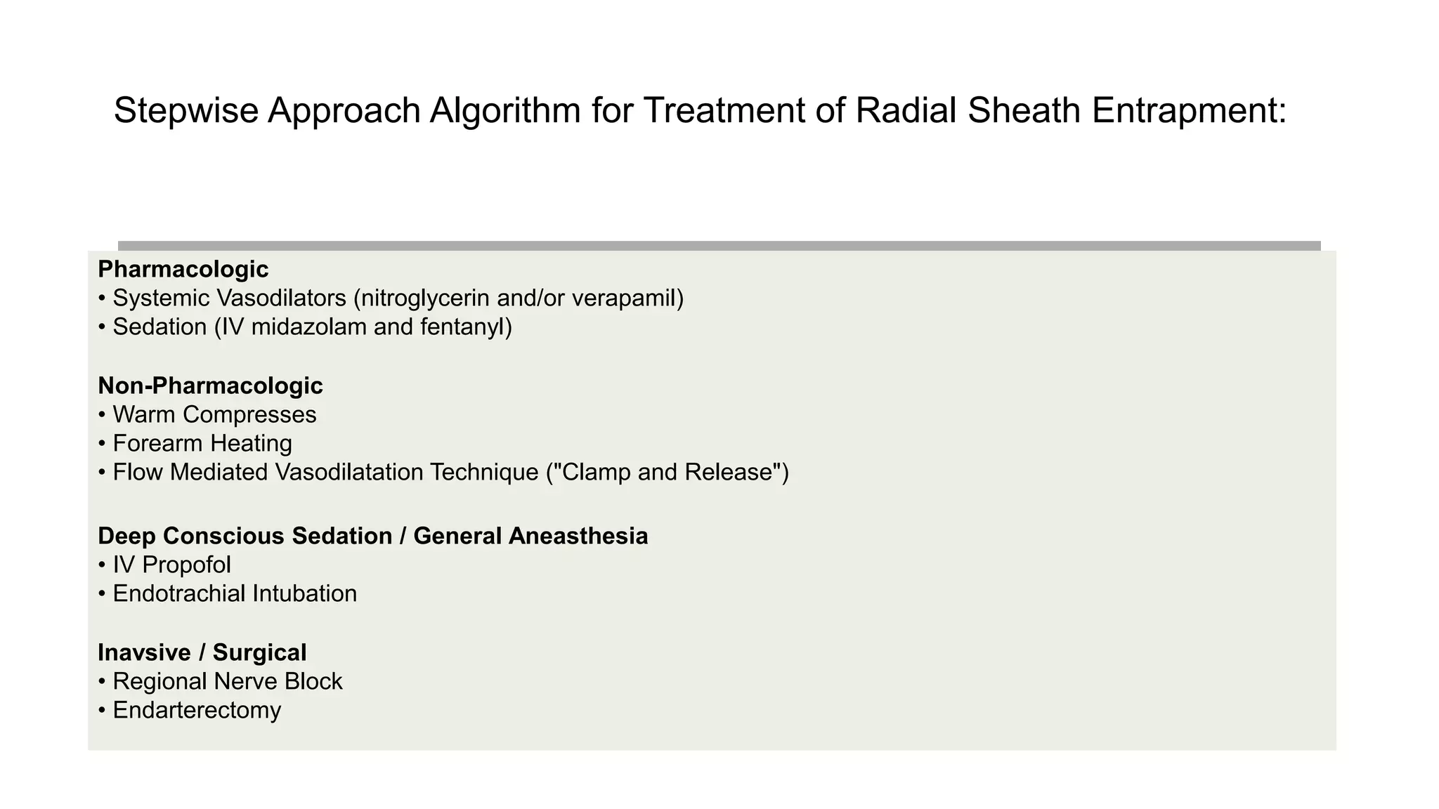 Stepwise Approach Algorithm for Treatment of Radial Sheath Entrapment:
Pharmacologic
• Systemic Vasodilators (nitroglycerin and/or verapamil)
• Sedation (IV midazolam and fentanyl)
Non-Pharmacologic
• Warm Compresses
• Forearm Heating
• Flow Mediated Vasodilatation Technique ("Clamp and Release")
Deep Conscious Sedation / General Aneasthesia
• IV Propofol
• Endotrachial Intubation
Inavsive / Surgical
• Regional Nerve Block
• Endarterectomy
 