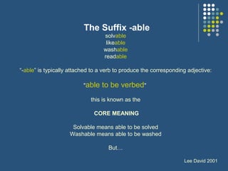The Suffix -able
solvable
likeable
washable
readable
“-able” is typically attached to a verb to produce the corresponding adjective:
"able to be verbed"
this is known as the
CORE MEANING
Solvable means able to be solved
Washable means able to be washed
But…
Lee David 2001
 