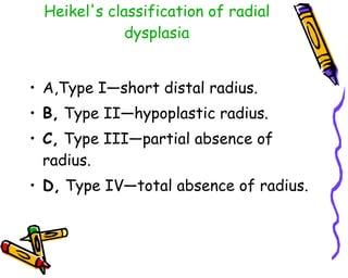 Heikel's classification of radial dysplasia A,Type I—short distal radius.  B,  Type II—hypoplastic radius. C,  Type III—partial absence of radius.  D,  Type IV—total absence of radius.  